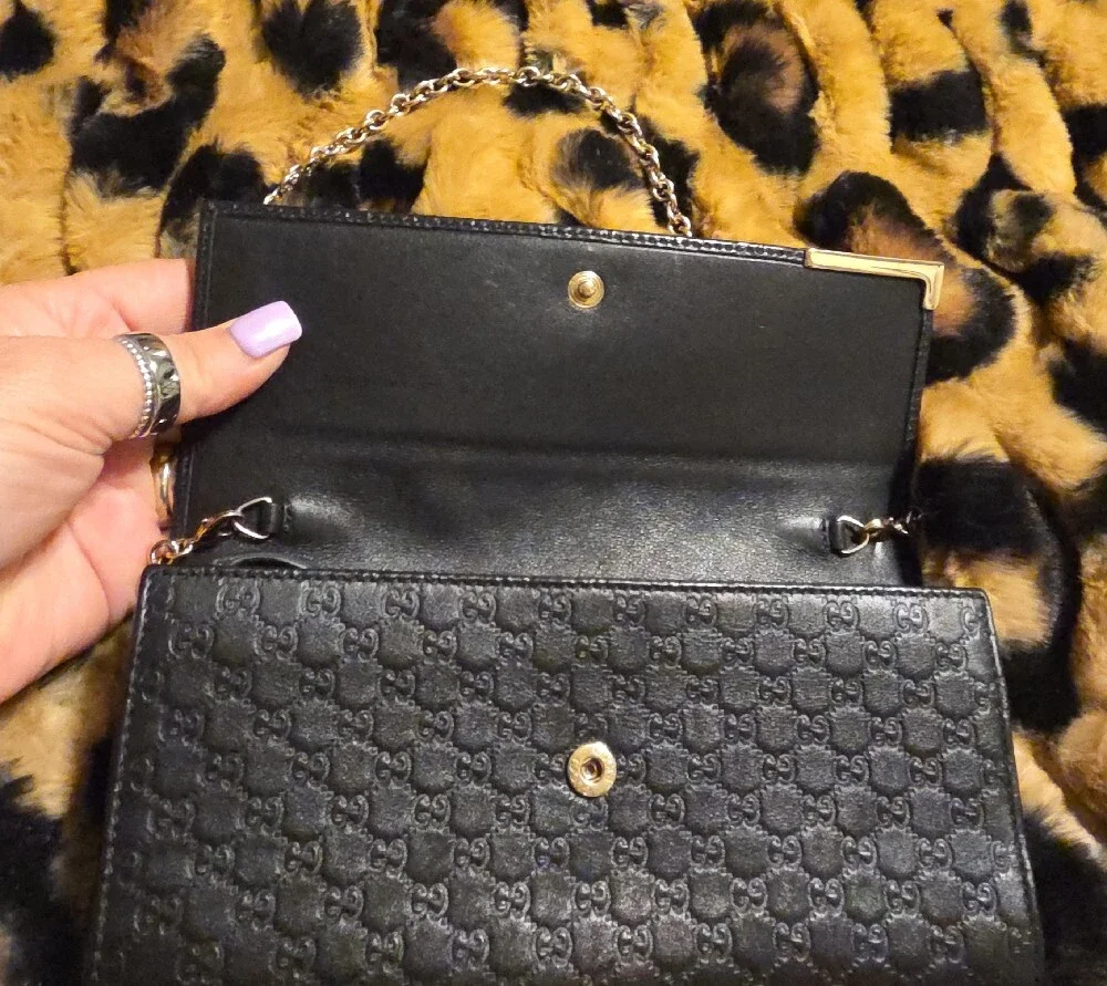 Gucci Black Embossed Leather Chain Wallet with Gold Plaque